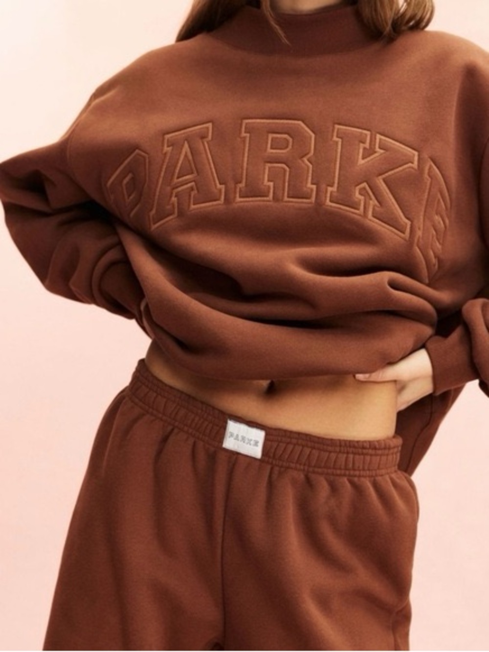 PARKE Mocha Monochrome Varsity Sweatshirt and Striped Pants